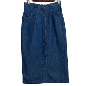 Vintage Midi Skirt Womens Large Blue Jean Cotton Straight Pockets Button Front